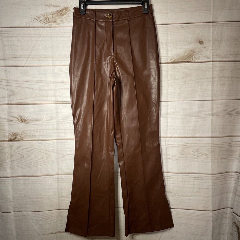 MAKEMECHIC NWT Brown Faux Leather High Waist Wide Leg Pants Sz SM- 387‎